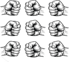 Fototapeta premium A pattern of nine sketched fists in a three by three grid on a white background in black and white art