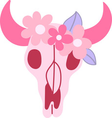 Pink floral cow skull illustration with western cute style