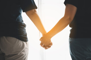 Hope and trust with crisis concept. Closeup, love and holding hands for support, comfort and care...