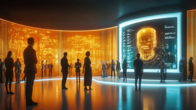 Futuristic Conference with Holographic Display and Diverse Attendees