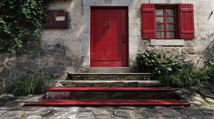 Charming Red Door and Shutters in Stone Building