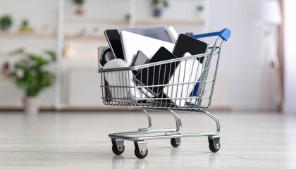 Shopping cart overflowing with modern electronics on a bright clean surface