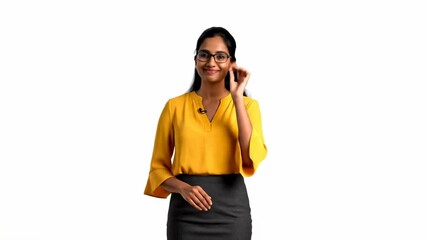 A woman with glasses in a yellow top  grey skirt smiles at the camera