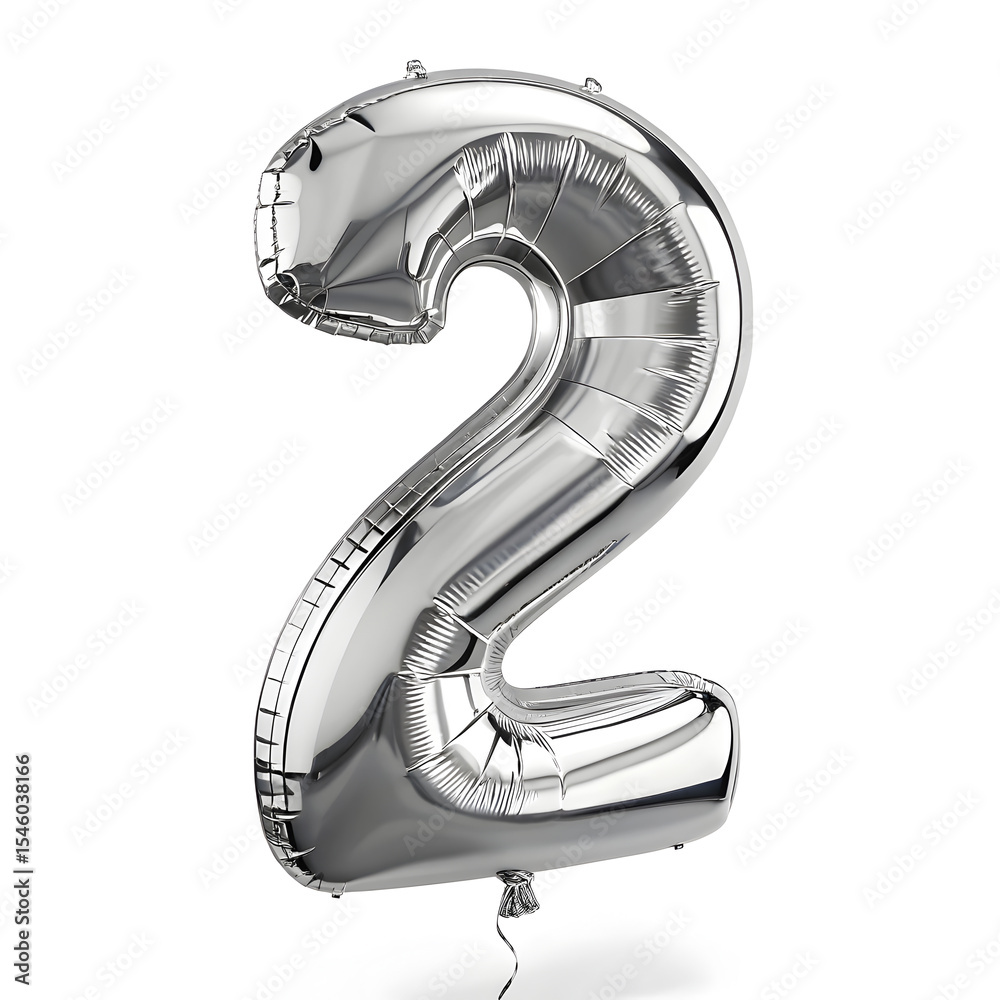 Fototapete a balloon shaped like the number 2 ,silver metallic finish with realistic reflections and smooth tex