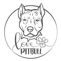 Artistic vector emblem: White-filled AmStaff or Pitbull head with freehand collar. Love flows into single-line paw print Pitbull in casual script. Advocacy design on transparent background
