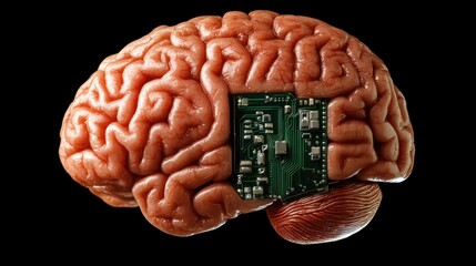 Human Brain Integrated with Circuit Board Showing Technology Concept