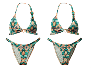 Teal and peach floral print bikini set isolated on a white background