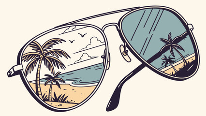Sunglasses reflecting a tropical beach scene with palm trees, birds, and ocean waves on a sunny day
