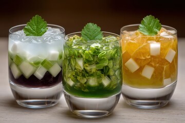 Refreshing summer cocktails showcasing vibrant layers with mint garnish served in clear glasses, tantalizing flavors inviting enjoyment for social gatherings and festive celebrations