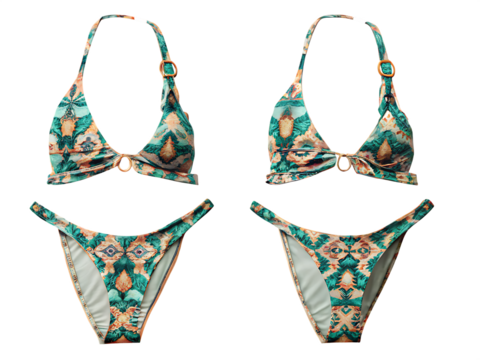 Teal and peach floral print bikini set isolated on a white background