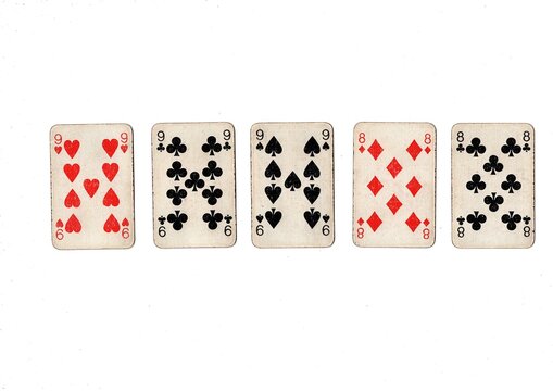 A poker hand of old grubby playing cards isolated on a white background. - Powered by Adobe