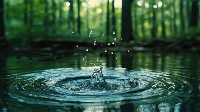 A splash on the water surface from a falling drop creates a ripple effect, symbolizing the interconnectedness of all things, where every action creates a lasting impact in nature.