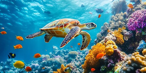 Obraz premium Ocean Turtle Vibrant Coral Reef Scene Underwater Wildlife