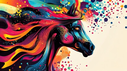 A surreal illustration of a human body with the head of a horse, symbolizing confidence and wisdom, designed in bright trendy colors, ideal for a fashionable magazine.