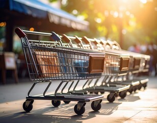 Shopping carts lined up on a sunny street ready for customers