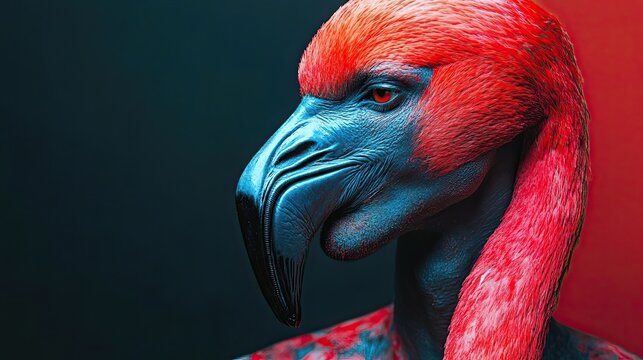 A surreal image of a man  body, complete with a flamingo  head, representing confidence and individuality, with bold, vibrant colors creating a striking design for modern art.