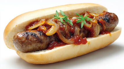 South African-style hot dog with boerewors, grilled onions, and tomato sauce in a roll, placed against a clean white background.
