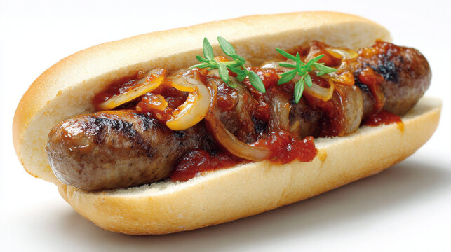 South African-style hot dog with boerewors, grilled onions, and tomato sauce in a roll, placed against a clean white background.