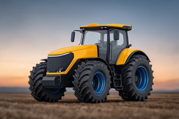 Obraz premium Modern agricultural tractor designed for efficiency, showcasing innovative engineering and powerful performance in a striking landscape background under evening light