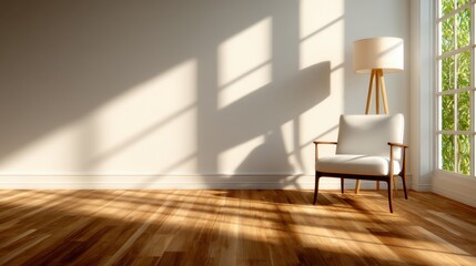 A minimalist room bathed in soft natural light with stark shadows cast by a lamp, embodying simplicity, elegance, and the serene aesthetics of modern interior design.