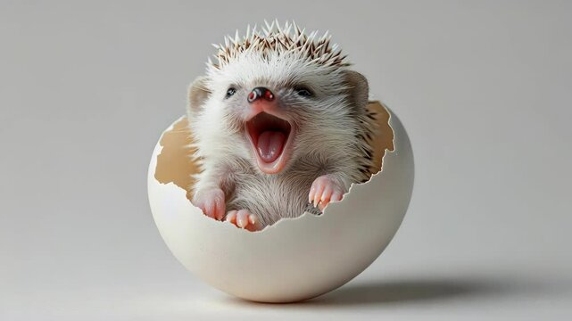 Adorable baby hedgehog in eggshell, joyful expression