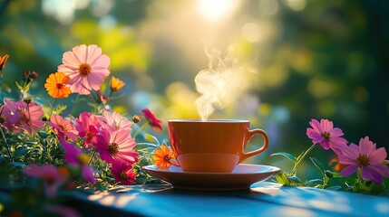 A tranquil morning with steaming coffee and vibrant flowers invites a moment of peace, reflection, and contentment as the warmth of the beverage complements the beauty of nature.