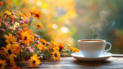 A tranquil morning with steaming coffee and vibrant flowers invites a moment of peace, reflection, and contentment as the warmth of the beverage complements the beauty of nature.