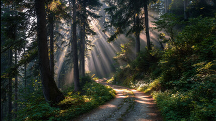 Obraz premium Sunbeams illuminating a winding forest path.