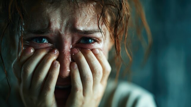 A haunting portrait that conveys deep emotional distress, featuring an individual with tear-filled eyes and a gripping expression that speaks to inner turmoil and vulnerability.