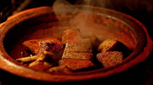 Ethiopian Tibs Sizzling in Clay Pan with Aromatic Spices and Rising Smoke