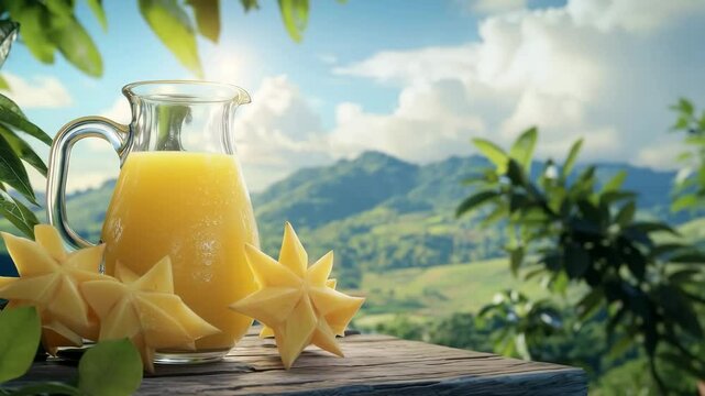 Carambola juice in a glass jug with fresh starfruit, tropical background, copy space