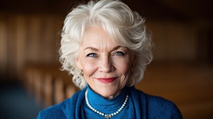 A graceful older woman with silver hair, dressed elegantly, radiating wisdom and joy, reflecting a lifetime of experiences and the beauty of aging with a warm, inviting smile.
