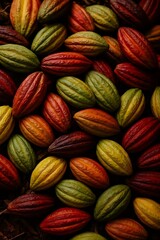 Fototapeta premium Vibrant Close-Up of Colorful Cocoa Pods Displayed on Natural Ground Surface with Rich Texture and Organic Lighting
