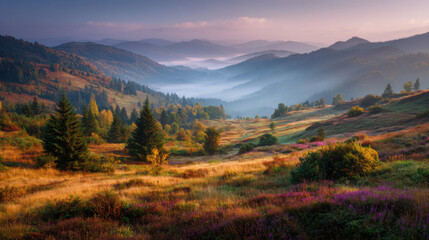 Obraz premium Sunrise over mountain meadow, autumnal colors, fog in valley, peaceful landscape, nature scene.