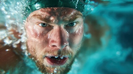 Fototapeta premium A close-up portrait of a focused swimmer submerged underwater, showcasing the intensity and determination in their eyes amidst the vibrant water movement around them.