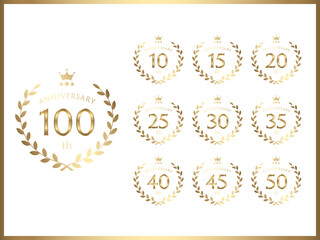周年数字と記念日お祝い用の月桂冠デザインのゴールドバナーセット