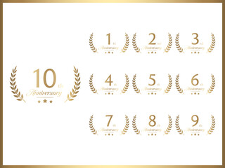 周年数字と記念日お祝い用の月桂冠デザインのゴールドバナーセット