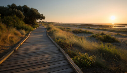 Serene Beach Boardwalk at Sunset - Scenic Coastal Path with Golden Grass and Ocean Horizon