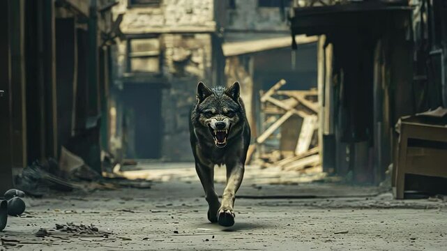 Aggressive wolf walking down a dark, ruined alley
