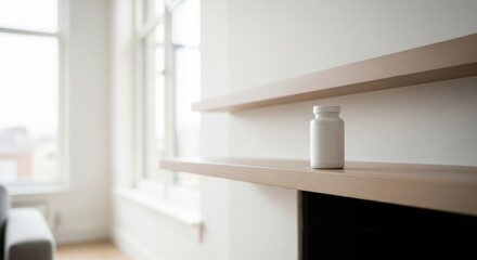 White pill bottle on modern wooden shelf in bright minimal room