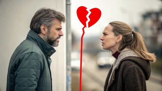 Broken heart syndrome concept ,Couple argument outdoors winter clothing broken heart emotional conflict relationship tension