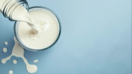 Milk pouring from bottle into glass with splash, ultra slow motion, top view - Powered by Adobe