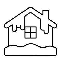 Icy frozen house thin line icon, merry christmas concept. Vector graphics. Cottage building with snow and icicles sign on white background, style mobile or design.