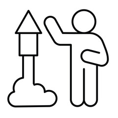 Firecracker rocket launch and man thin line icon, happy christmas concept. Vector graphics. Fireworks with human sign on white background, style mobile or design.