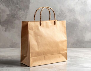 Simple brown paper shopping bag with twisted handles on a grey surface