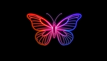 Vibrant neon butterfly illustration on black background, colorful insect graphic design