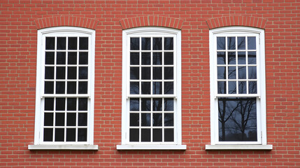 Three tall, white painted, wood windows in a red masonry brick facade