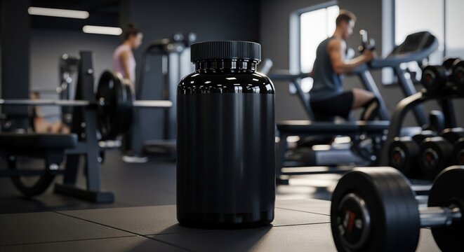 Black supplement container with gym workout equipment in background