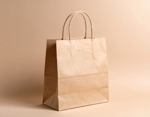 Simple Brown Paper Shopping Bag with Twisted Handles on Beige Background