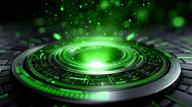 looping green screen background with glowing digital HUD interface, sci-fi grid rotating slowly in perspective, perfect for tech presentations